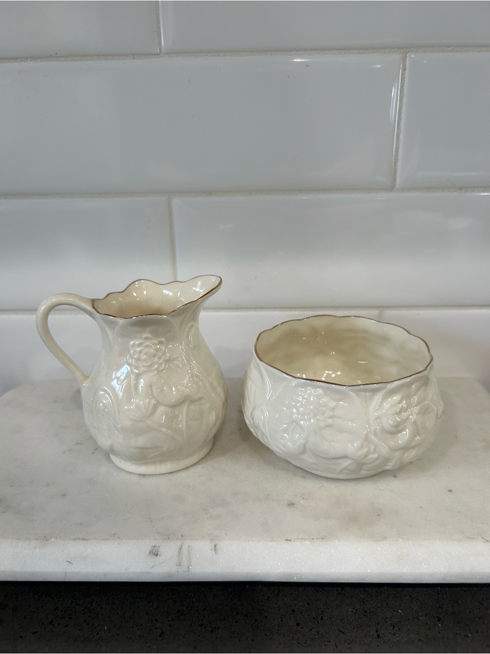 Belleek Cream porcelain Pitcher and Bowl with Gold Trim